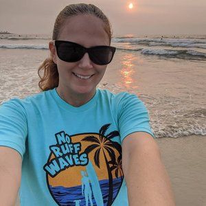 Fetch The Sun Women's Surf T-Shirt | Tahiti Blue Dog Mom Tee, Boyfriend Cut